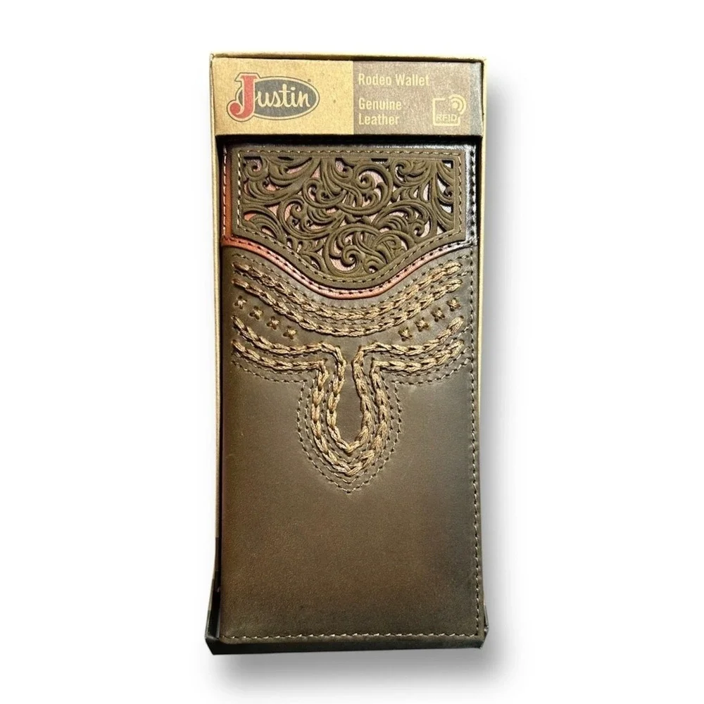 New‎ Justin Brown Genuine Leather Rodeo Wallet RFID Long Bifold Tooled Western